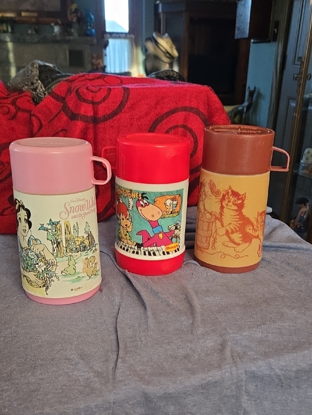 Three Vintage Children's Thermoses; Flintstones, Snow White, Playful Kittens